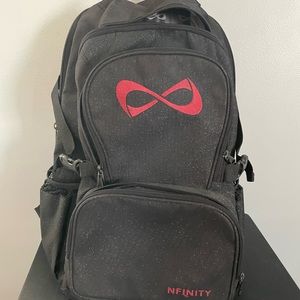 Black sparkly backpack with maroon infinity symbol
